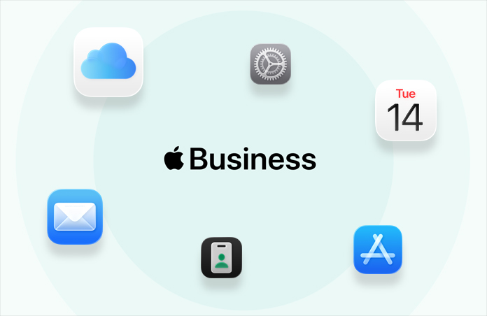 Apple Business, surrounded by app icons: iCloud, Maps, AppleCare, Mail, Calendar, App Store, Apple Business app