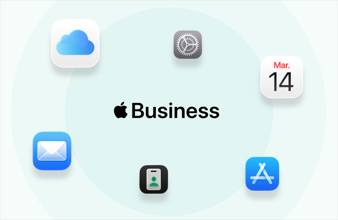 Apple Business, entouré d’icônes d’apps : iCloud, Plans, AppleCare, Mail, Calendrier, App Store, app Apple Business