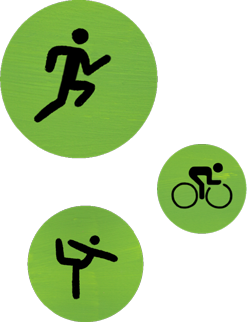 Tres iconos de Apple Fitness que representan las acciones de correr, montar en bici y hacer yoga