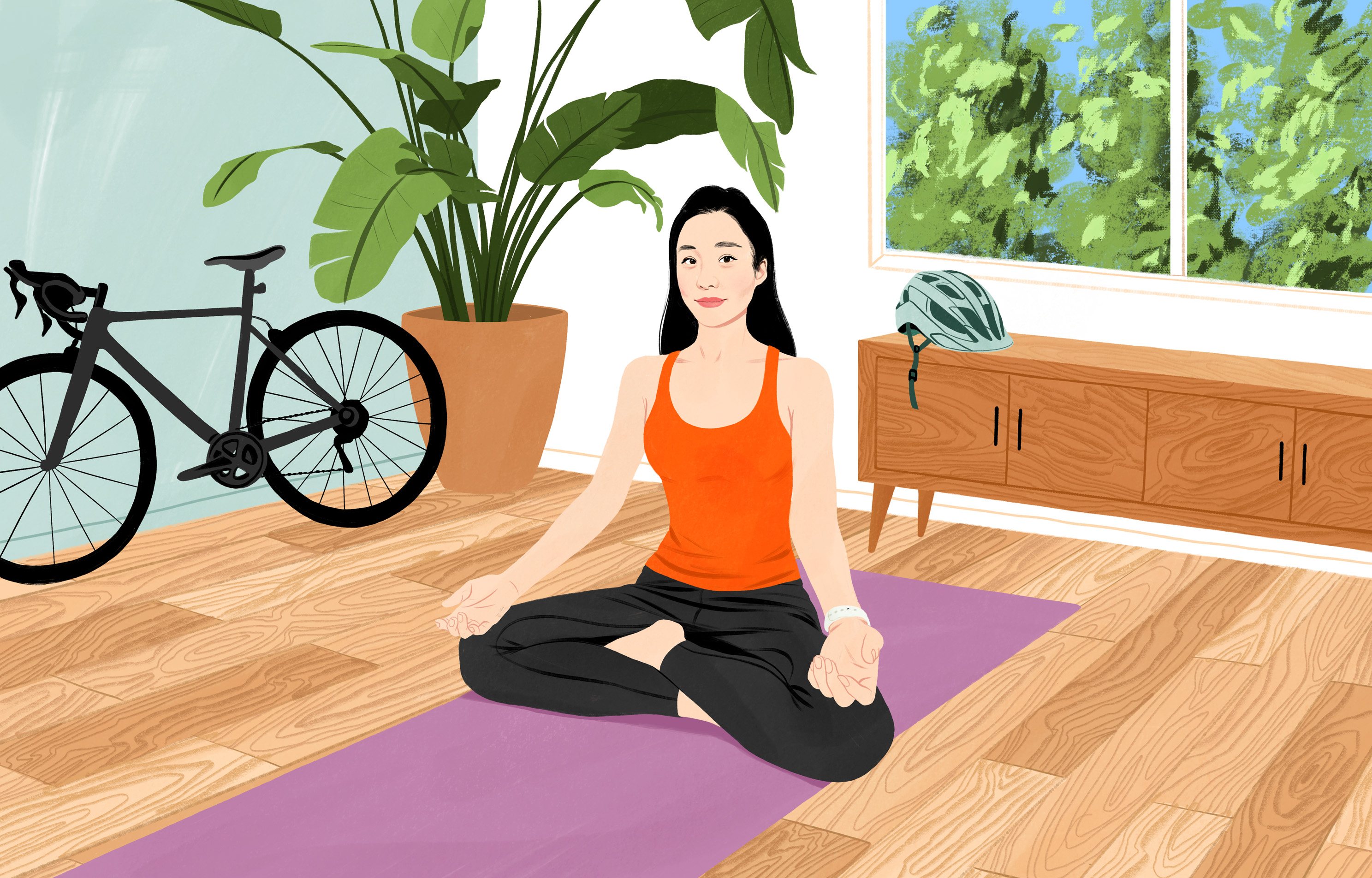 Moony sonríe antes de empezar a meditar sentada en el suelo de su casa con las piernas cruzadas.