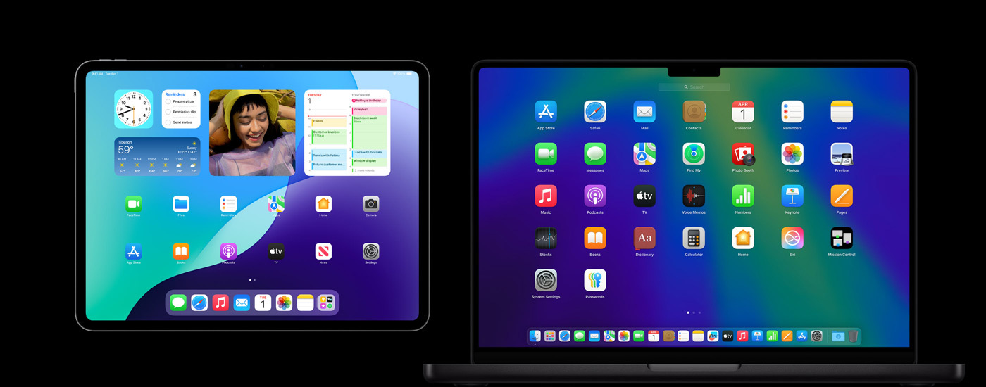 En iPad och en Mac med olika appikoner. iPad visar flera widgetar, till exempel Kalender, Väder och Bilder.