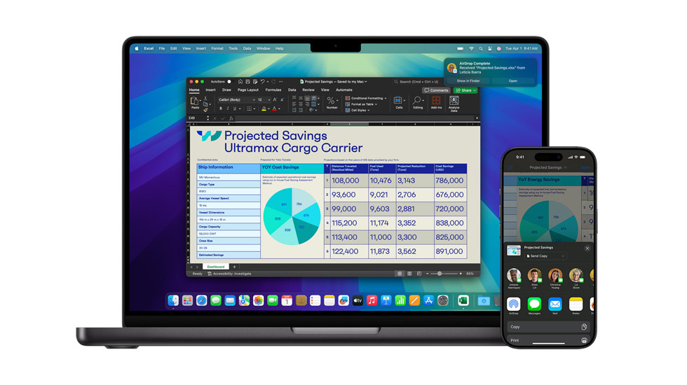 En Mac och en iPhone som visar en Keynote-presentation.
