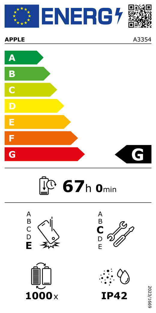 Código QR e información de la etiqueta energética de la UE, modelo A3354 de Apple, clase G, clases de eficiencia energética (con una escala de la A a la G), de la A (la más eficiente) a la G (la menos eficiente), duración de la batería por ciclo, 67 horas y 0 minutos por carga completa de la batería, fiabilidad en caídas repetidas de clase E, de la A (la más robusta) a la E (la menos robusta), reparabilidad de clase C, de la A (la más reparable) a la E (la menos reparable), 1.000 ciclos de carga de la batería, grado de protección contra la entrada de polvo y agua (IP) IP42, normativa 2023/1669