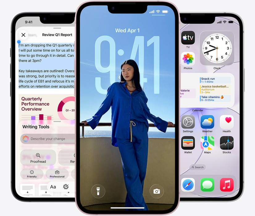 Drei iPhone 17e Geräte, Vorderseite, Bildschirmfoto mit Schreibtools in Aktion, der Sperrbildschirm zeigt das Foto einer Person und die Nachrichten App sendet Nachrichten über Satellit