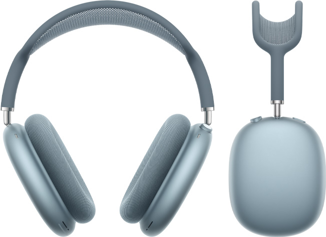 AirPods Max 2 austiņas, priekšpuses skats un sānskats, zila krāsa