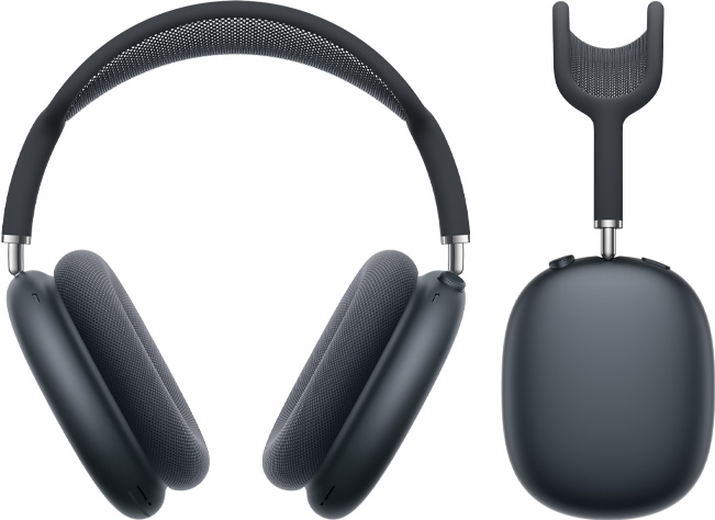 AirPods Max 2 austiņas, priekšpuses skats un sānskats, pusnakts krāsa