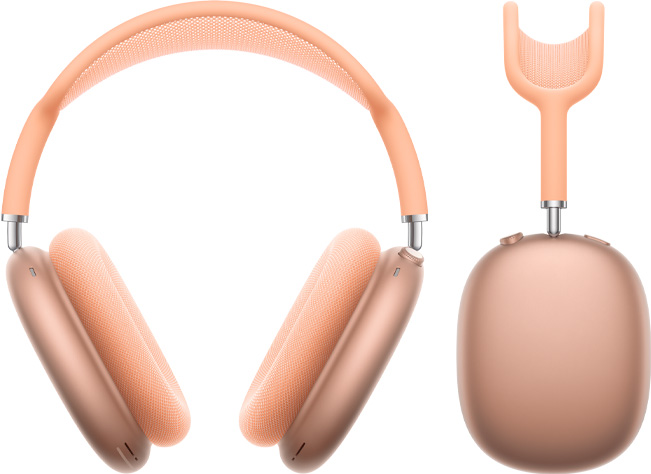 AirPods Max 2 austiņas, priekšpuses skats un sānskats, oranža krāsa