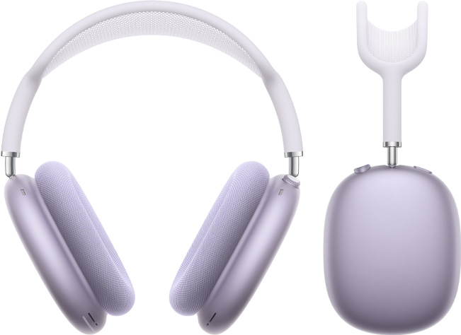 AirPods Max 2 austiņas, priekšpuses skats un sānskats, violeta krāsa