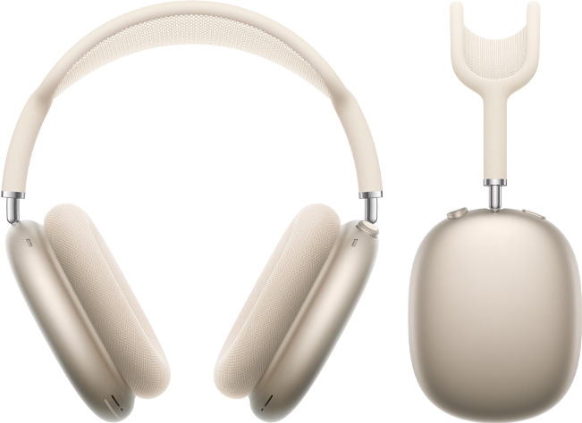 AirPods Max 2 austiņas, priekšpuses skats un sānskats, zvaigžņu krāsa
