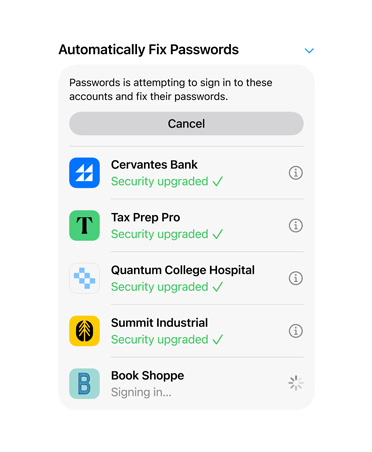 شاشة تعرض ميزة إصلاح كلمات السر لخمس كلمات سر مع أمثلة عن حالتها، منها security upgraded وsigning in
