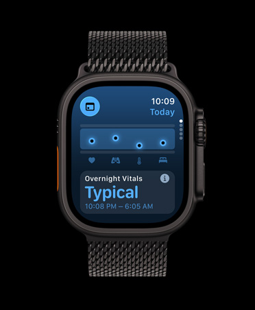 Apple Watch Ultra 3, must toon, titaanist korpus, Vitals rakendus, tervise hinnangu graafik, Overnight Vitals kõrvalekallete märguanne, rihm, must rihm Milanese Loop