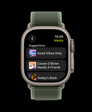 Apple Watch Ultra 3, Titangehäuse, Farbe Natur, Apple Music, Workout Playlist, Steuerelemente, vorheriger Titel, nächster Titel, pausieren, Trail Loop, Farbe Grün/Neon