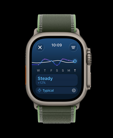 Apple Watch Ultra 3, naturaalne toon, titaanist korpus, treeningkoormuse joondiagramm ja kalender, rihm, Trail Loop, roheline/neoonvärv