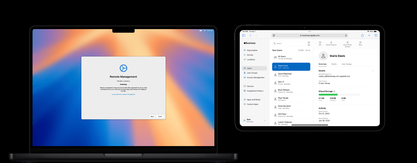 En Mac, en iPhone och en iPad som visar en resurshanteringsskärm.
