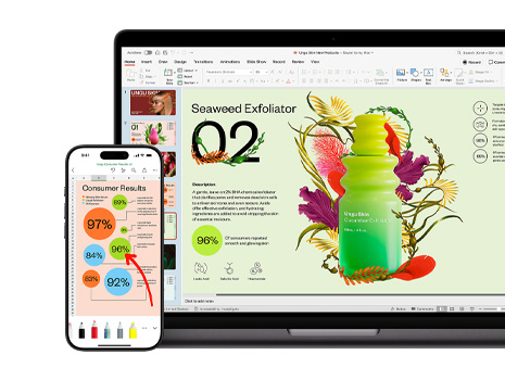 En Mac och en iPhone som visar olika delar av en färgglad presentation om en hudvårdsprodukt.