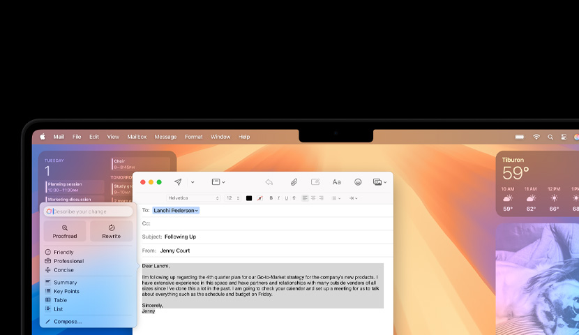 En Mac-dator med ett företagsmejl med en Apple Intelligence-uppmaning. Bakom mejlfönstret skymtar Kalender-widgeten.