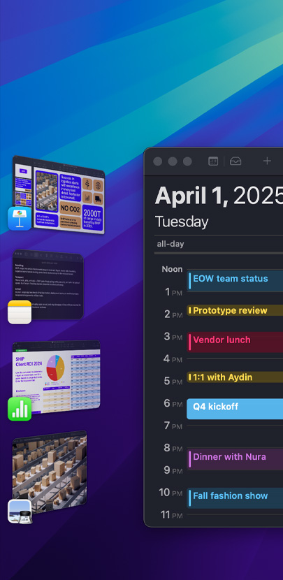 Olika iOS-appar på ett skrivbord, bland annat Kalender-appen som har störst fönster. Den visar schemat för dagen.