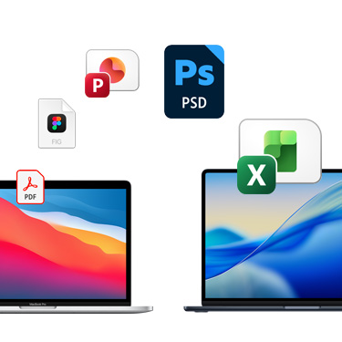 Tampilan depan dua MacBook yang tampak bersisian, memperlihatkan latar belakang desktop dengan beragam warna. Ikon file ditampilkan dalam bentuk busur di atas MacBook. Ikon file terdiri dari file Acrobat, file Quickbooks, file PowerPoint, file Photoshop, file Excel.