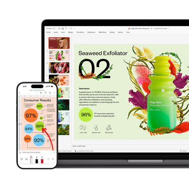 Tampilan depan Mac dan iPhone yang memperlihatkan berbagai bagian presentasi bernuansa cerah dan penuh warna yang berfokus pada produk perawatan kulit.
