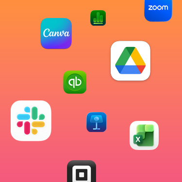 Ikon aplikasi produktivitas termasuk Slack, Canva, Google Workspace, Zoom, Quickbooks, Keynote, Excel, Square, dan Numbers dengan latar belakang penuh warna.