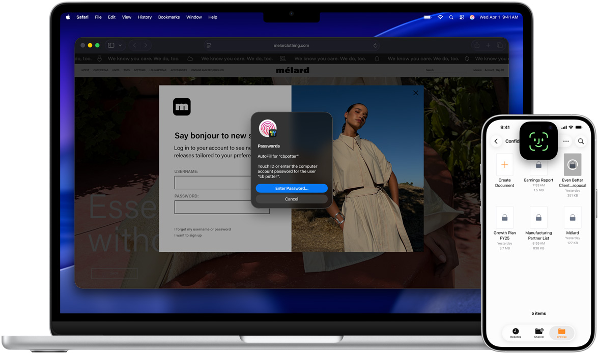 MacBook 顯示 Touch ID 視窗，以及 macOS Tahoe 背景圖片。MacBook 的前方有一部 iPhone，展示 Face ID 螢幕。