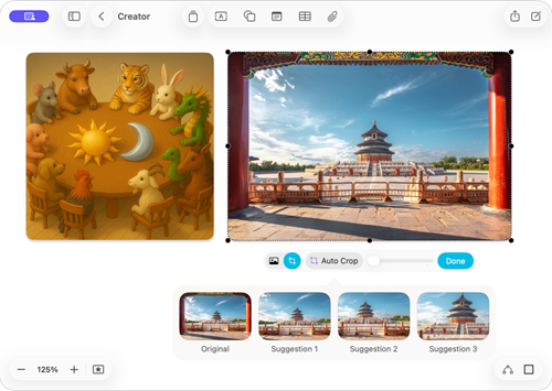 螢幕顯示 Freeform app，展示 Apple 創作坊的兩項功能：影像生成與自動裁剪。