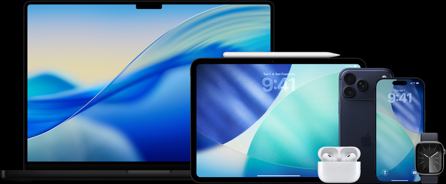 Apple producten, waaronder MacBook Pro, iPad, Apple Pencil Pro, AirPods Pro 2, iPhone 17 Pro Max, iPhone 17 Pro en Apple Watch Series 11.