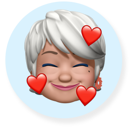 Hymyilevä memoji - iäkäs nainen, jolla on lyhyet, valkoiset hiukset