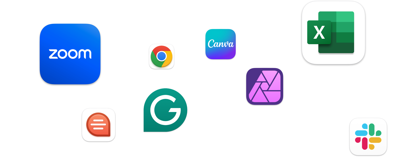 Икони на различни приложения се движат на екрана, включително Zoom, Canva, Microsoft Excel и Adobe Photoshop