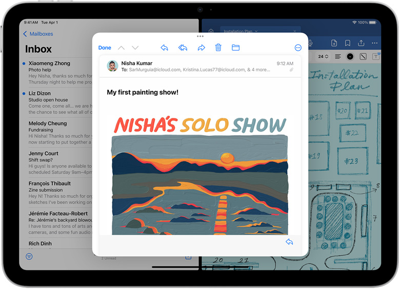 Mail og GoodNotes er åbne side om side på iPad. En mail er åben i et separat vindue.