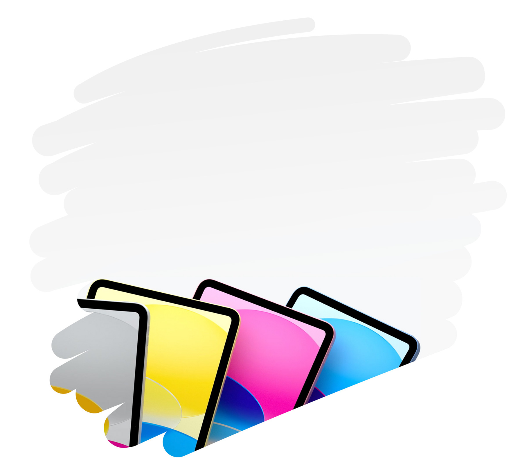 굵은 펜슬 스트로크가 있는 페이지 안쪽에 컬러풀한 iPad 모델들이 표시됩니다.