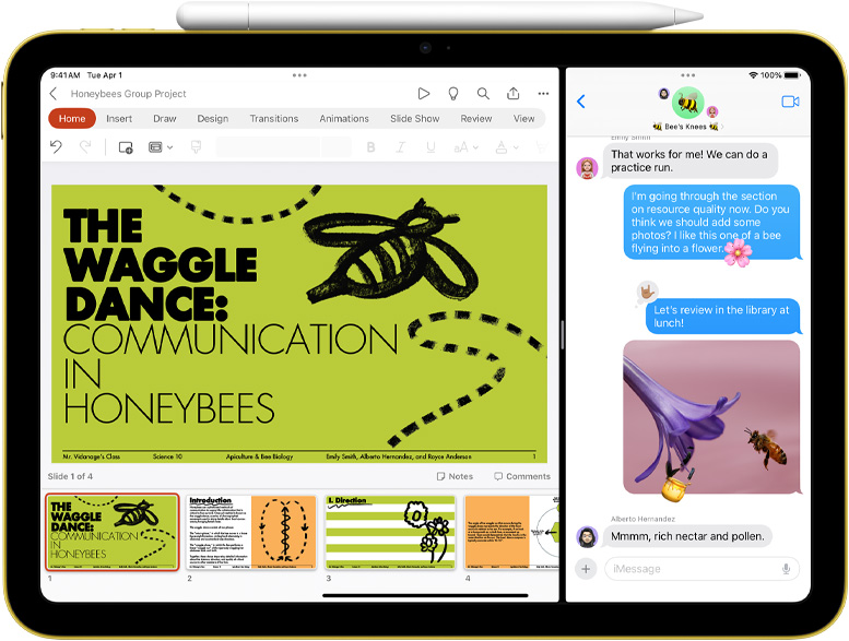 Split View med PowerPoint og Beskeder på iPad med Apple Pencil fastgjort magnetisk