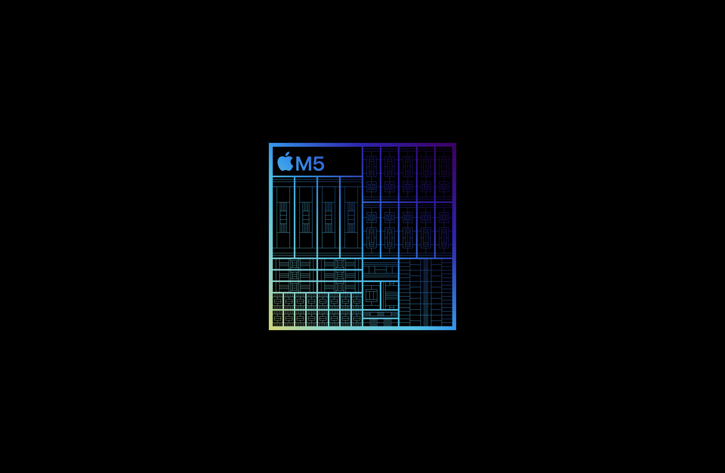 Ein Rendering der vergrösserten Architektur des M5 Chip in Grün-, Blau- und Violetttönen mit komplizierten Schaltkreisen, verschiedenen Komponenten und Anschlüssen