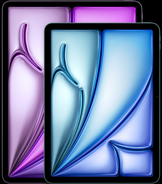 13" iPad Air, 11" iPad Air, Hochformat, Vorderseite, gerundete Ecken, schwarzer Displayrand, die Displays zeigen abstrakte Formen in Pink, Grün und Blau