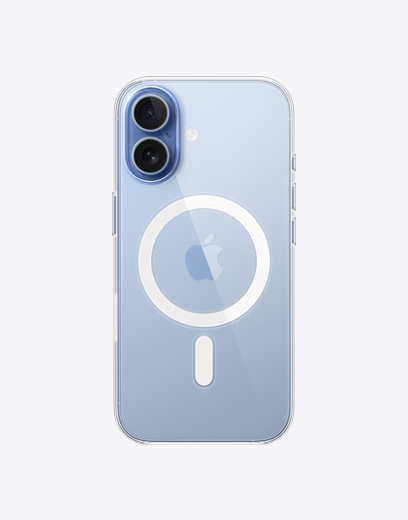 iPhone 17, vedere spate, husă transparentă cu MagSafe, sistem de camere Fusion în colțul din stânga sus