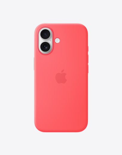iPhone 17, vedere spate cu husă din silicon de culoare Bright Guava, sistem de camere Fusion în colțul din stânga sus, logo Apple centrat
