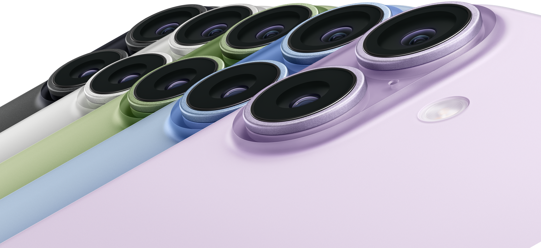 Cinci dispozitive iPhone 17, vedere spate, colțul din stânga sus, camere Fusion, culori: Negru, Alb, Salvie, Albastru difuz, Lavandă