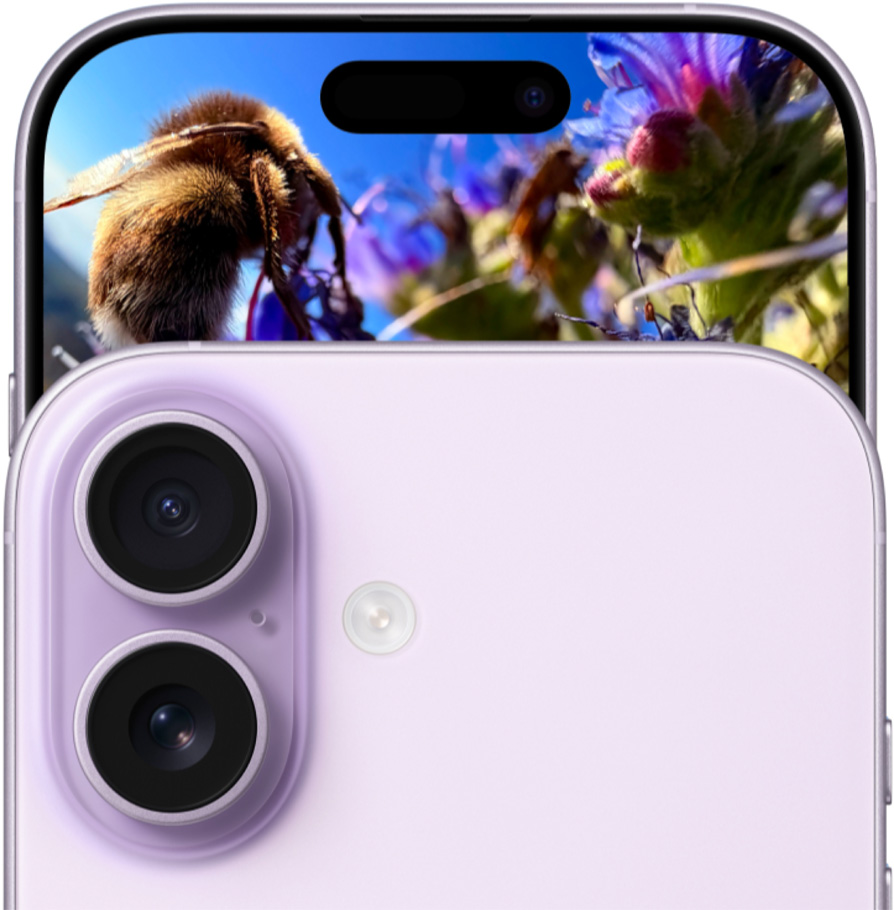 iPhone 17, exterior față cu sistemul dual de camere Fusion, exterior spate, culoare Lavandă.