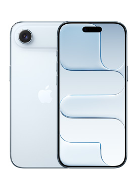 iPhone Air, vedere spate, culoare Cer albastru, sistem de camere Fusion în partea de sus, logo Apple centrat, vedere față, culoare Cer albastru, Dynamic Island centrat în partea de sus