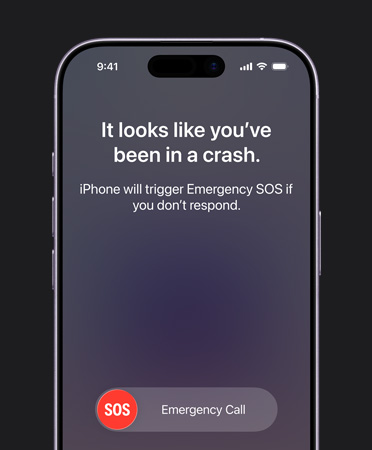 iPhone 17, vedere frontală, colțuri rotunjite, funcția Detectare accident în utilizare
