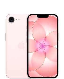 På baksiden av en iPhone 17e i fargen myk rosa vises et Fusion-kamera oppe i venstre hjørne og en midtstilt Apple-logo. Forsiden på en iPhone 17e i fargen myk rosa viser helskjermdesignen.