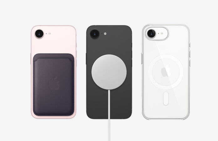Baksiden på en iPhone 17e med MagSafe-tilbehør tilkoblet.