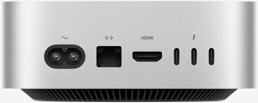 Вид ззаду на сріблястий Mac mini з портами на задній панелі: один порт живлення, один порт Ethernet, один порт HDMI та три порти Thunderbolt.
