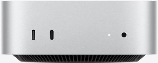 Вид спереду на сріблястий Mac mini з портами на передній панелі: два порти USB-C та порт 3,5 мм для навушників