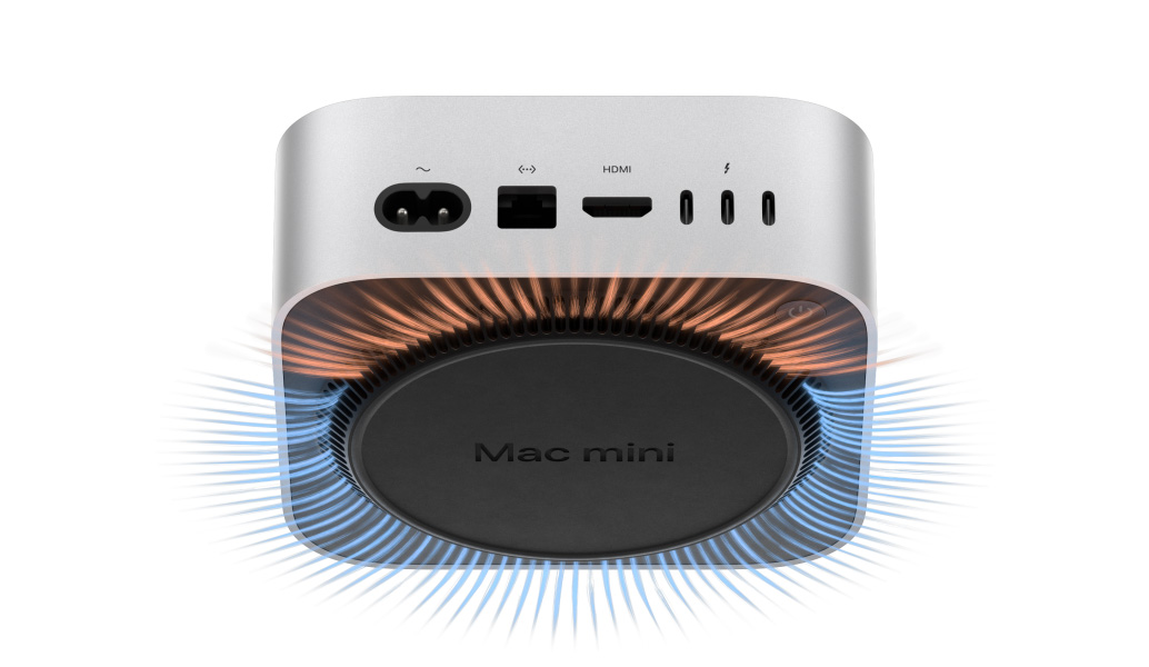 Показано порти на задній панелі Mac mini. На прозорій ілюстрації демонструються системи охолодження й вентиляції під алюмінієвим корпусом
