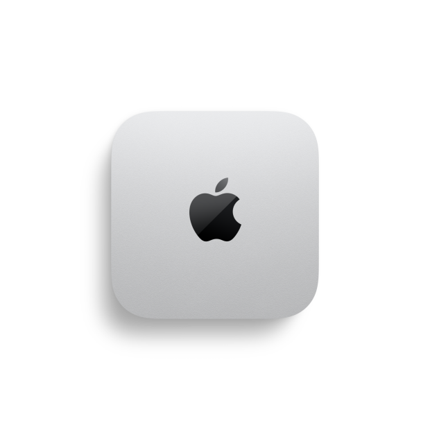 Вид зверху на сріблястий Mac mini з логотипом Apple і зазначенням розміру: довжина 12,7 сантиметрів, ширина 12,7 сантиметрів