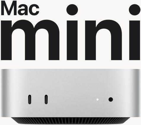 Вид спереду на сріблястий Mac mini. Показано його порти та світлодіодний індикатор на передній панелі.
