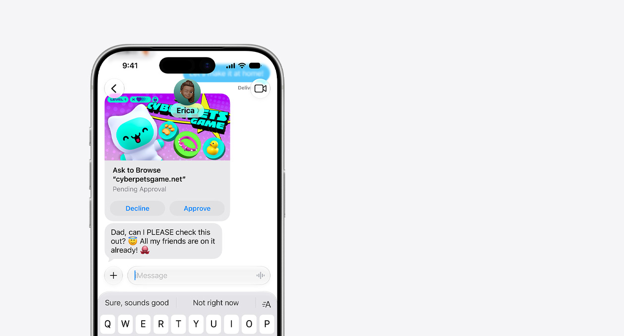 iPhone 17 Pro, stříbrný, viditelné horní dvě třetiny, na displeji je textová zpráva se snímkem obrazovky z webu cyberpetsgame.net, pod grafikou jsou tlačítka Decline a Approve, text zprávy: Dad, can I please check this out, all my friends are on it already