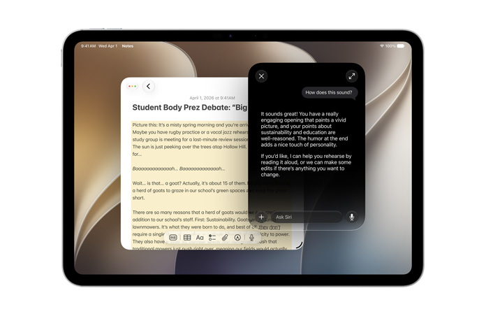 Tela do iPad Pro de 11 polegadas prateado mostra o app Notas com texto e uma solicitação à Siri AI para criar um conteúdo