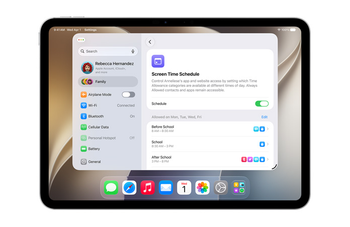 Tela do iPad Pro de 11 polegadas prateado mostra as opções Limites de Tempo e Horários do Tempo de Uso nos Ajustes para autorizar tempo e categorias de mídia para a criança